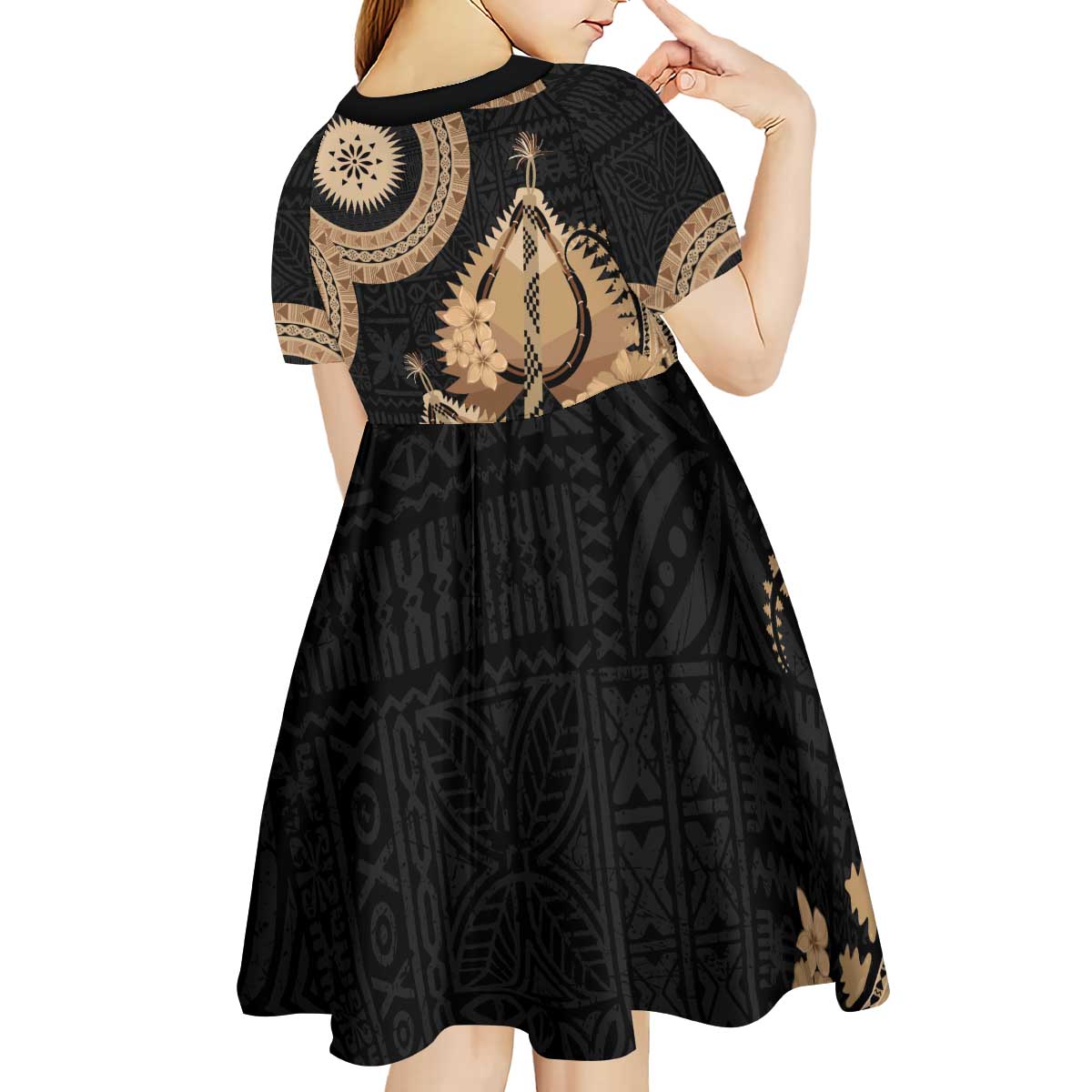 Black Bula Fiji Kid Short Sleeve Dress Fijian Dance Fan Tapa Cloth Pattern