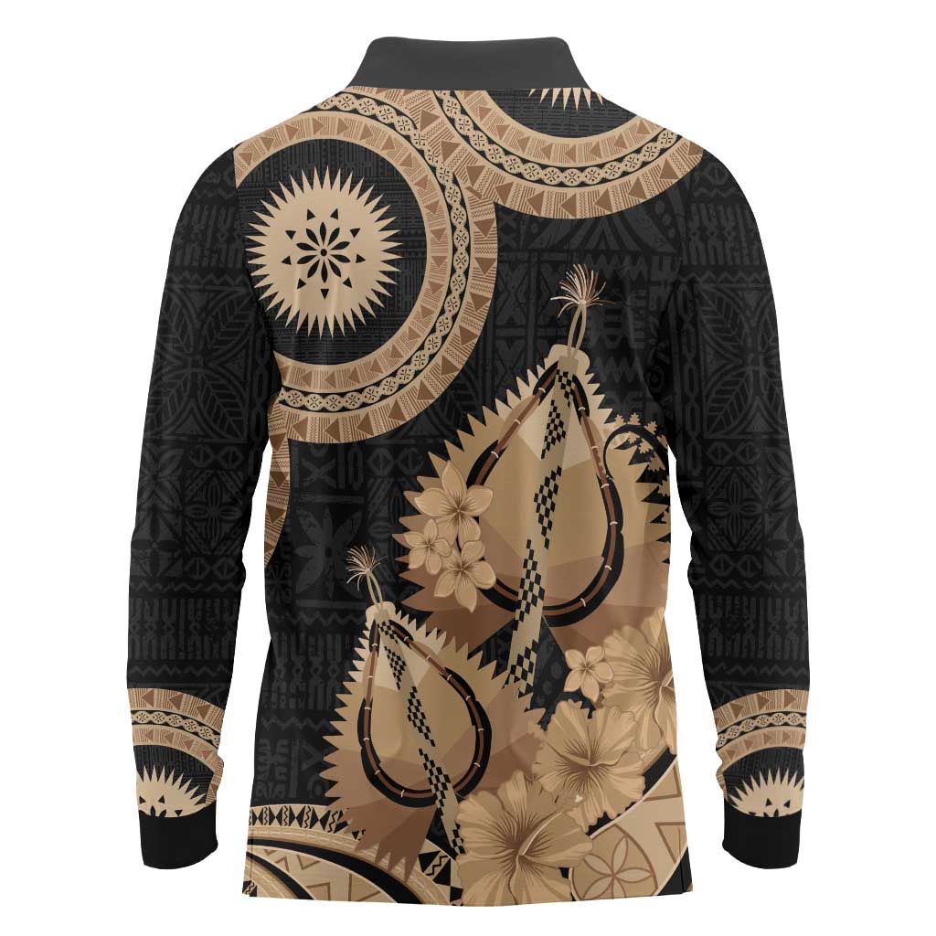 Black Bula Fiji Long Sleeve Polo Shirt Fijian Dance Fan Tapa Cloth Pattern