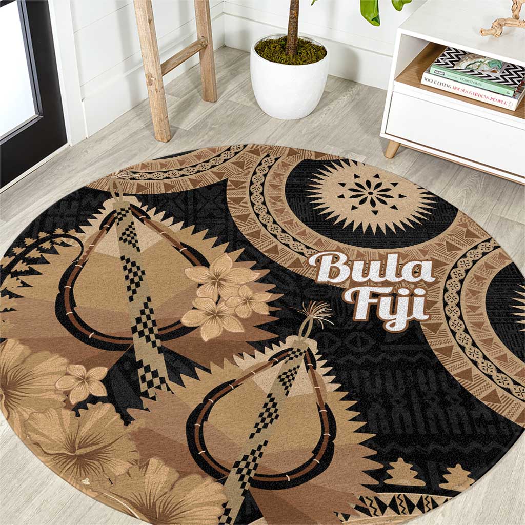 Black Bula Fiji Round Carpet Fijian Dance Fan Tapa Cloth Pattern