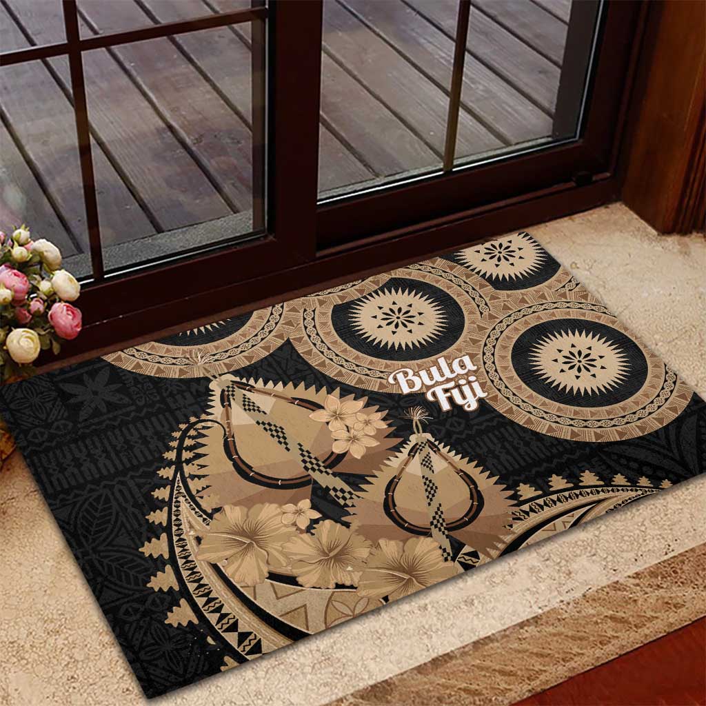 Black Bula Fiji Rubber Doormat Fijian Dance Fan Tapa Cloth Pattern