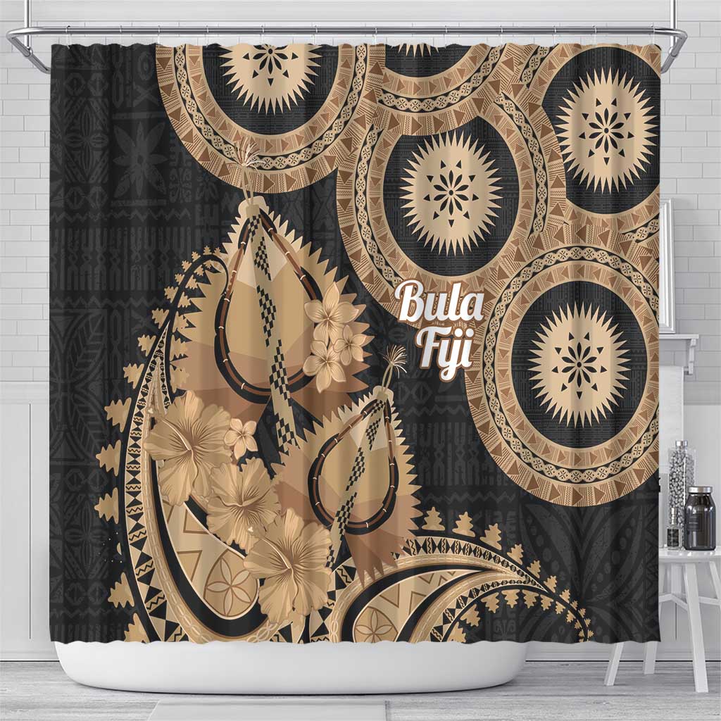 Black Bula Fiji Shower Curtain Fijian Dance Fan Tapa Cloth Pattern