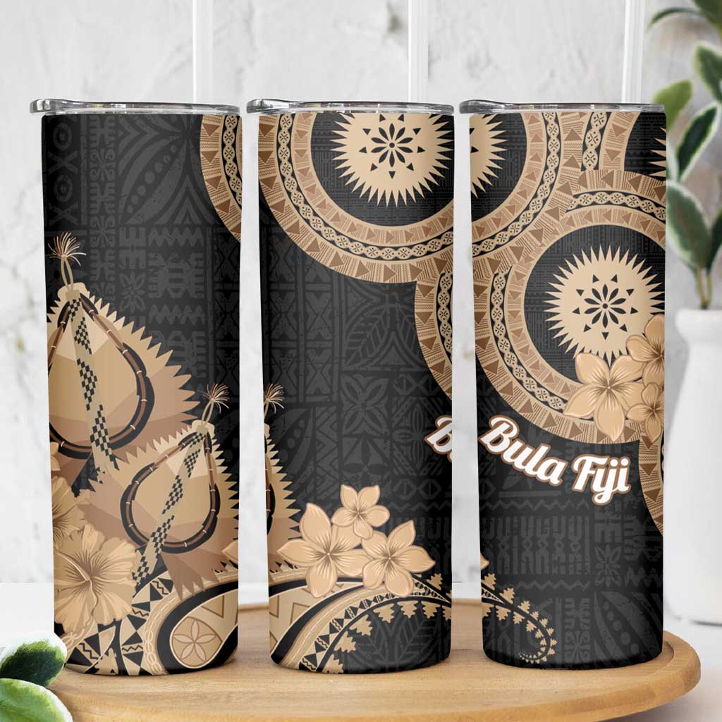 Black Bula Fiji Skinny Tumbler Fijian Dance Fan Tapa Cloth Pattern