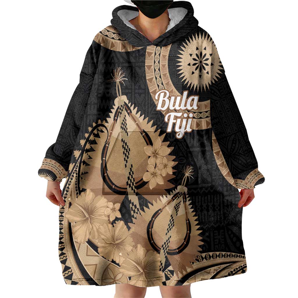 Black Bula Fiji Wearable Blanket Hoodie Fijian Dance Fan Tapa Cloth Pattern