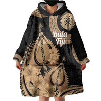 Black Bula Fiji Wearable Blanket Hoodie Fijian Dance Fan Tapa Cloth Pattern