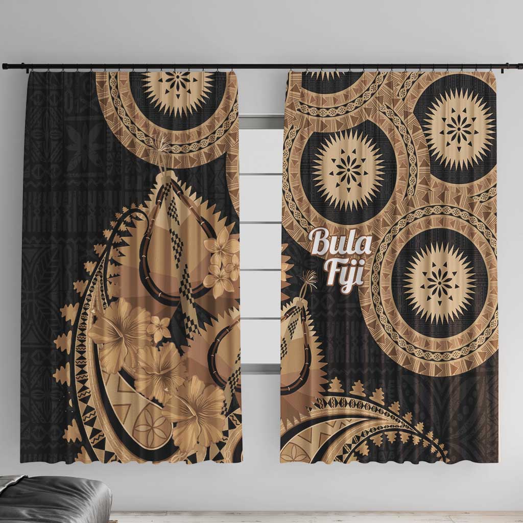 Black Bula Fiji Window Curtain Fijian Dance Fan Tapa Cloth Pattern