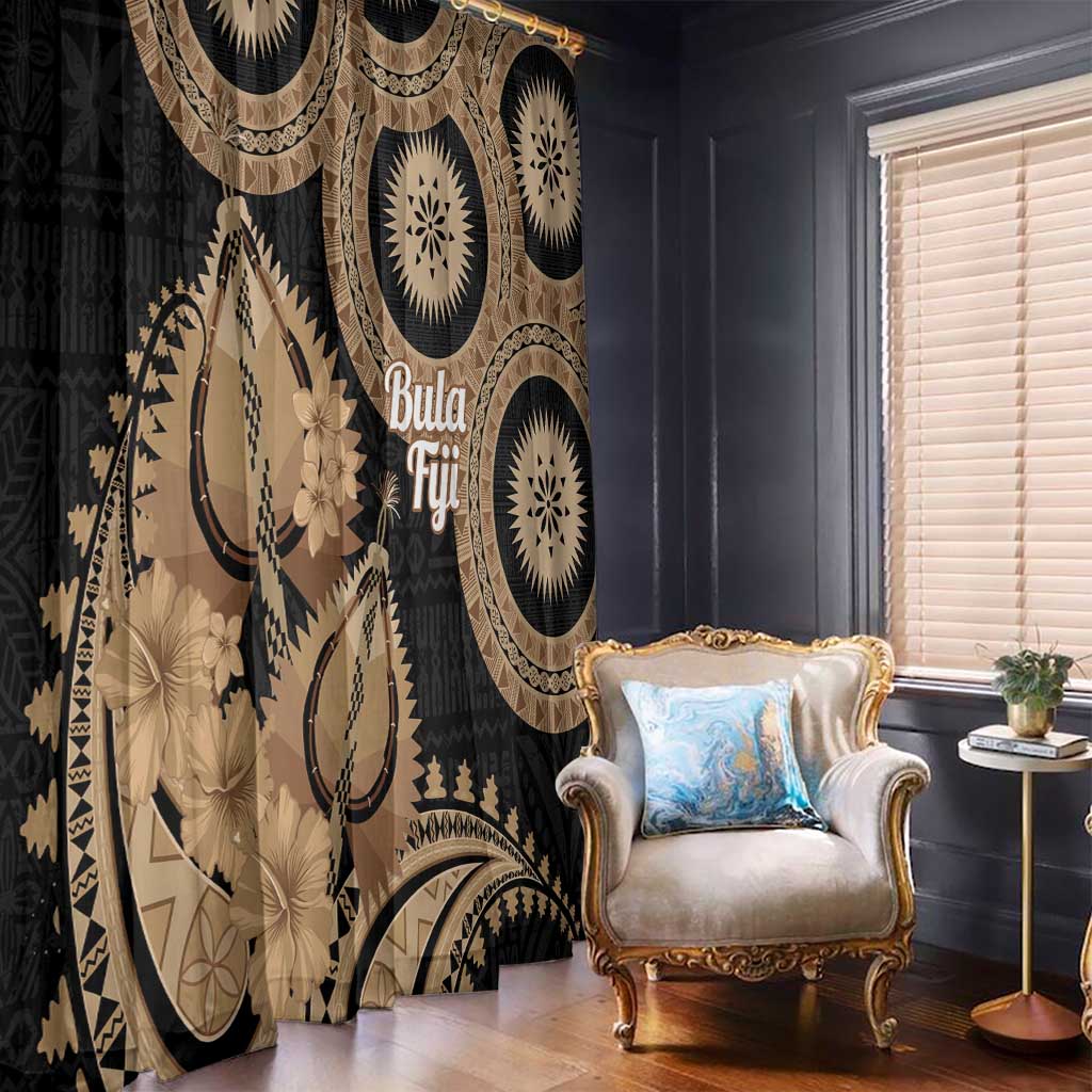 Black Bula Fiji Window Curtain Fijian Dance Fan Tapa Cloth Pattern