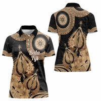 Black Bula Fiji Women Polo Shirt Fijian Dance Fan Tapa Cloth Pattern