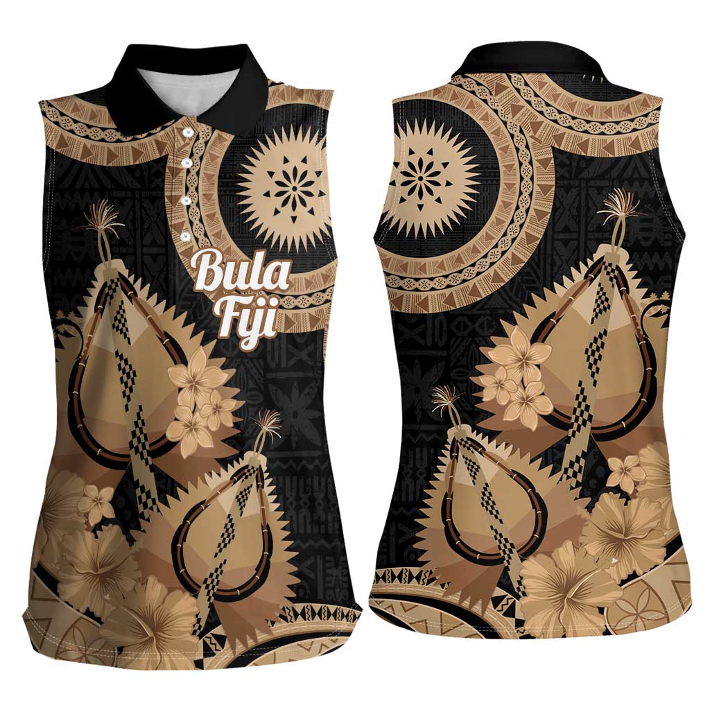 Black Bula Fiji Women Sleeveless Polo Shirt Fijian Dance Fan Tapa Cloth Pattern
