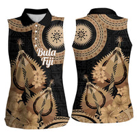 Black Bula Fiji Women Sleeveless Polo Shirt Fijian Dance Fan Tapa Cloth Pattern