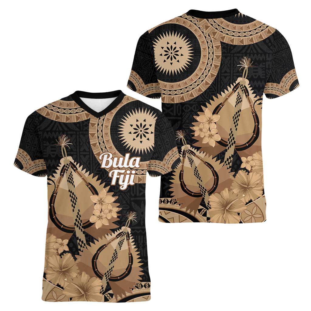 Black Bula Fiji Women V-Neck T-Shirt Fijian Dance Fan Tapa Cloth Pattern
