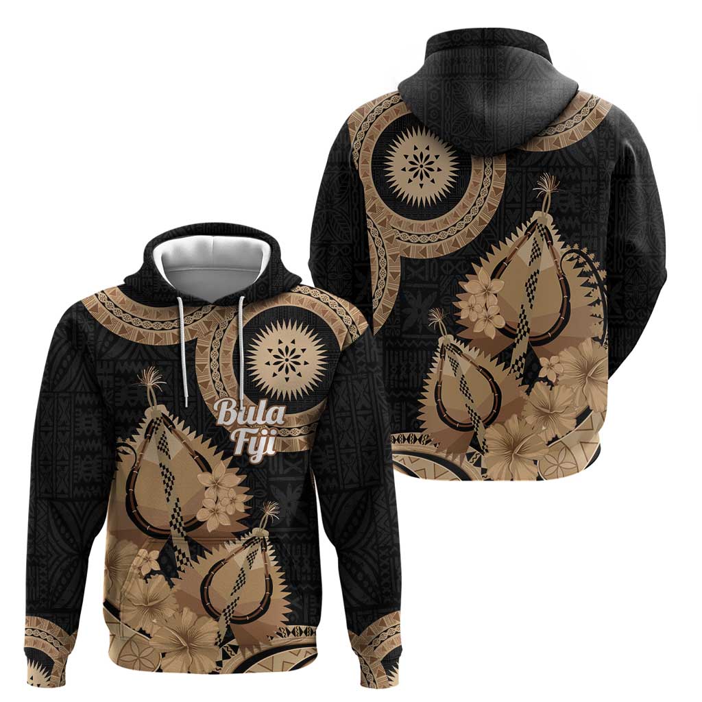 Black Bula Fiji Zip Hoodie Fijian Dance Fan Tapa Cloth Pattern