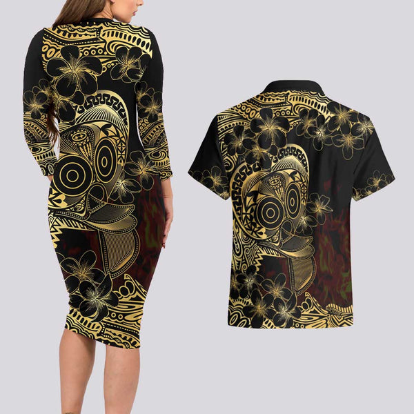Ichigo Bleach Anime Black and Orange Theme Couples Matching Long Sleeve Bodycon Dress and Hawaiian Shirt with Hollow Mask and Japanese Calligraphy Design TS04 main image 0