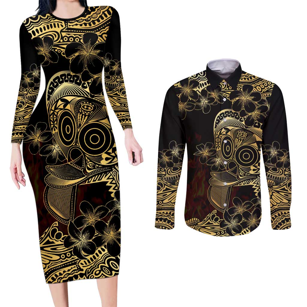 Frangipani Festival Rabaul Couples Matching Long Sleeve Bodycon Dress and Long Sleeve Button Shirt PNG Tribal Baining Mask Tattoo - Polynesian Pride