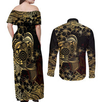 Frangipani Festival Rabaul Couples Matching Off Shoulder Maxi Dress and Long Sleeve Button Shirt PNG Tribal Baining Mask Tattoo - Polynesian Pride