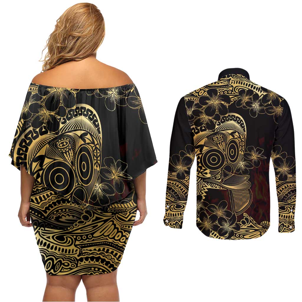 Frangipani Festival Rabaul Couples Matching Off Shoulder Short Dress and Long Sleeve Button Shirt PNG Tribal Baining Mask Tattoo - Polynesian Pride