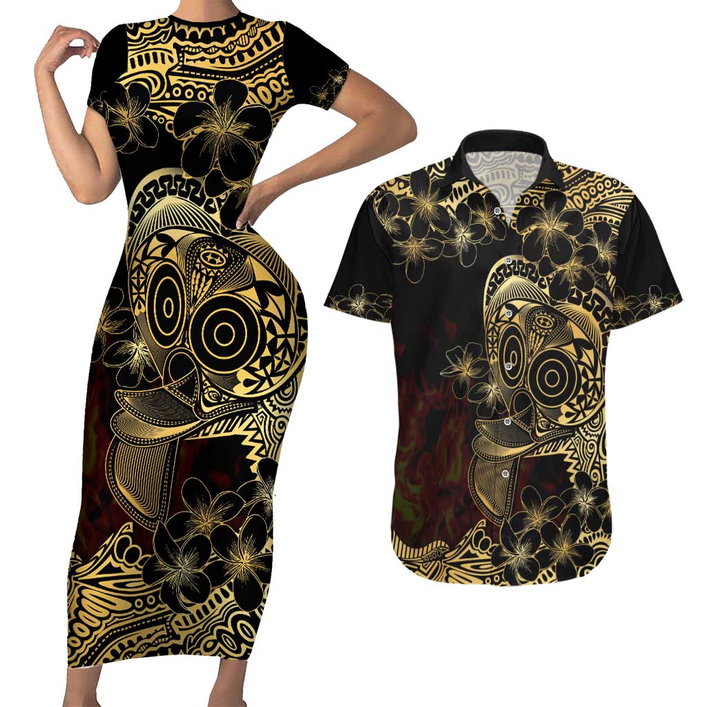 Frangipani Festival Rabaul Couples Matching Short Sleeve Bodycon Dress and Hawaiian Shirt PNG Tribal Baining Mask Tattoo - Polynesian Pride