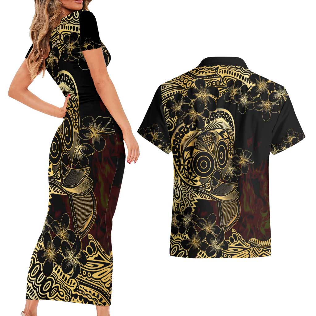 Frangipani Festival Rabaul Couples Matching Short Sleeve Bodycon Dress and Hawaiian Shirt PNG Tribal Baining Mask Tattoo - Polynesian Pride