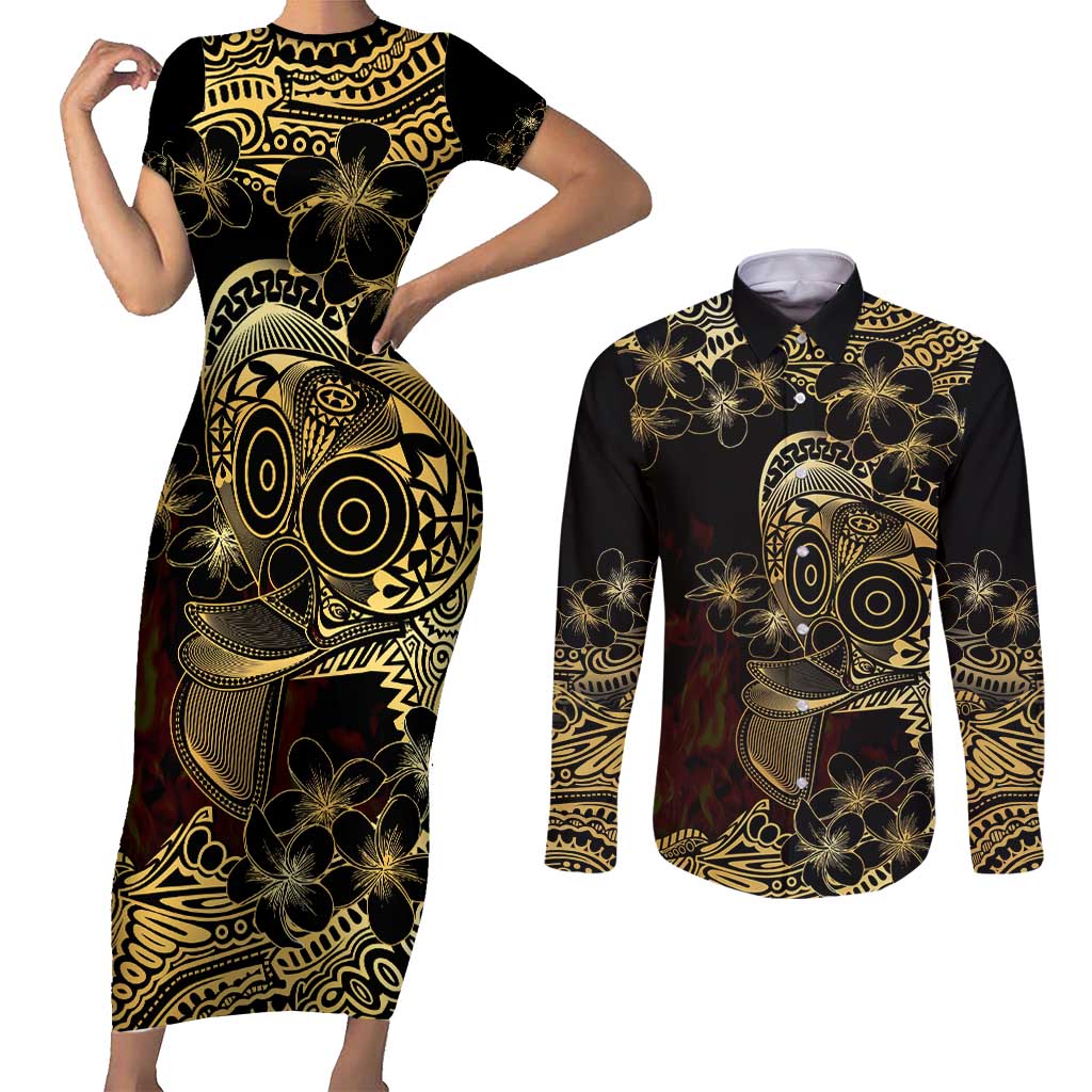Frangipani Festival Rabaul Couples Matching Short Sleeve Bodycon Dress and Long Sleeve Button Shirt PNG Tribal Baining Mask Tattoo - Polynesian Pride