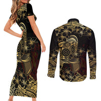Frangipani Festival Rabaul Couples Matching Short Sleeve Bodycon Dress and Long Sleeve Button Shirt PNG Tribal Baining Mask Tattoo - Polynesian Pride