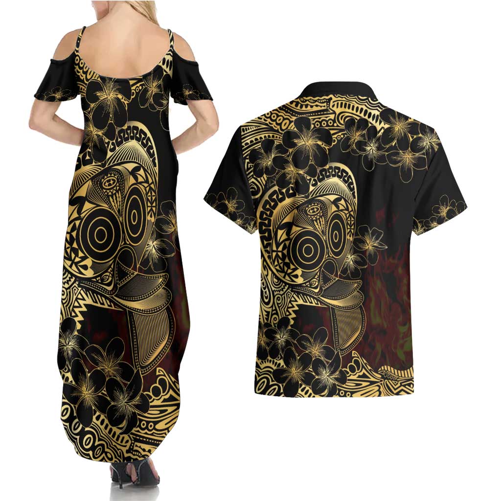 Frangipani Festival Rabaul Couples Matching Summer Maxi Dress and Hawaiian Shirt PNG Tribal Baining Mask Tattoo - Polynesian Pride