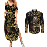Frangipani Festival Rabaul Couples Matching Summer Maxi Dress and Long Sleeve Button Shirt PNG Tribal Baining Mask Tattoo - Polynesian Pride
