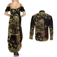 Frangipani Festival Rabaul Couples Matching Summer Maxi Dress and Long Sleeve Button Shirt PNG Tribal Baining Mask Tattoo - Polynesian Pride