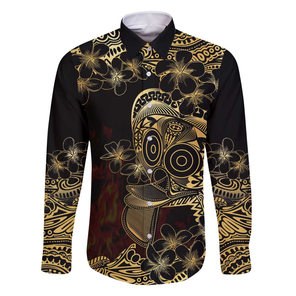 Frangipani Festival Rabaul Family Matching Long Sleeve Bodycon Dress and Hawaiian Shirt PNG Tribal Baining Mask Tattoo LT14 Dad's Shirt - Long Sleeve Black - Polynesian Pride