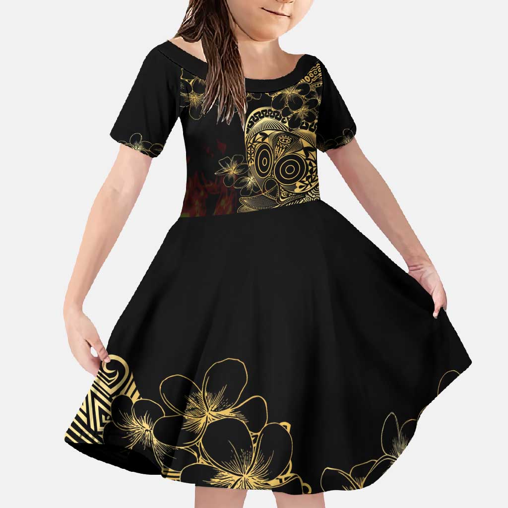 Frangipani Festival Rabaul Family Matching Mermaid Dress and Hawaiian Shirt PNG Tribal Baining Mask Tattoo LT14 Daughter's Dress Black - Polynesian Pride