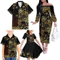 Frangipani Festival Rabaul Family Matching Off The Shoulder Long Sleeve Dress and Hawaiian Shirt PNG Tribal Baining Mask Tattoo - Polynesian Pride