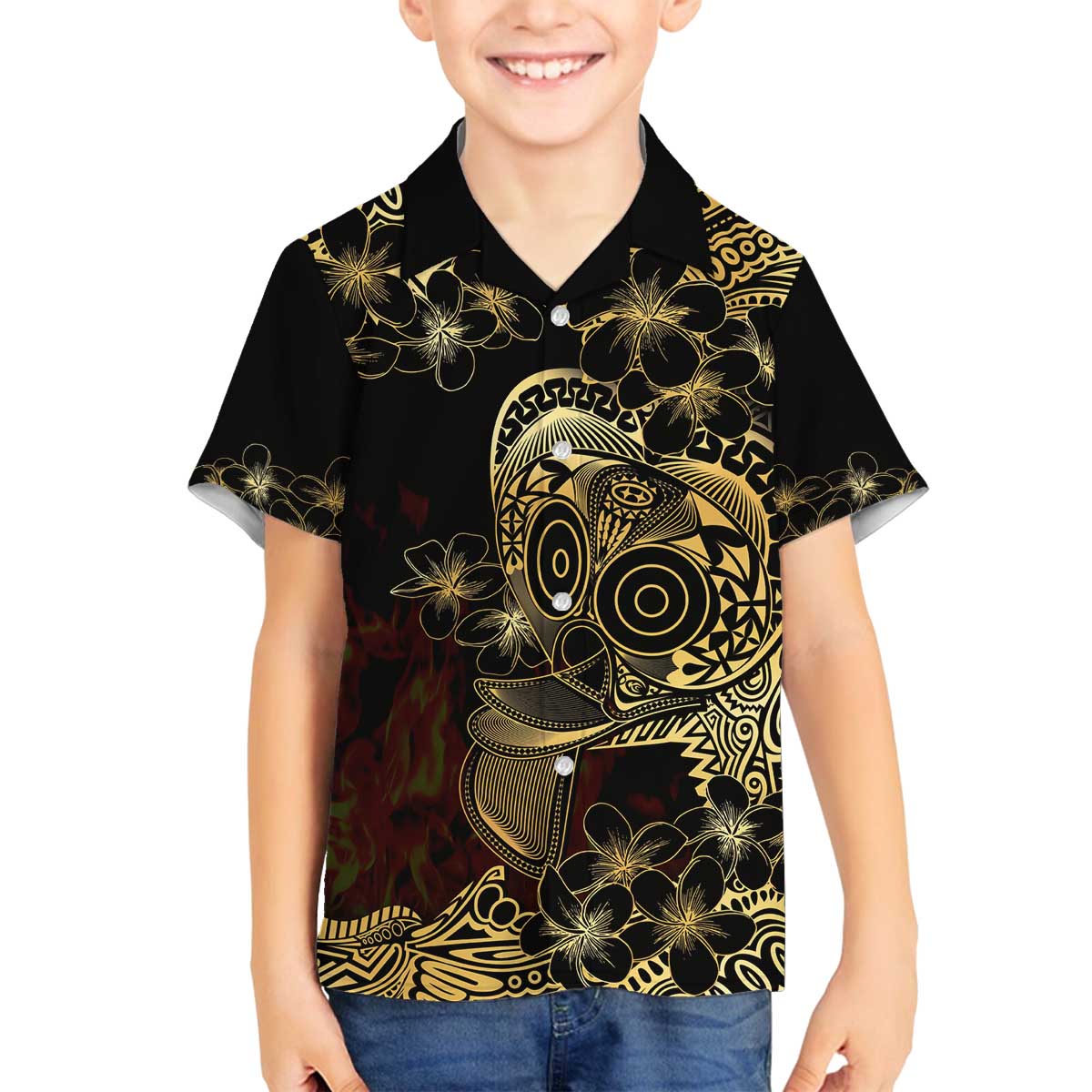 Frangipani Festival Rabaul Family Matching Off The Shoulder Long Sleeve Dress and Hawaiian Shirt PNG Tribal Baining Mask Tattoo - Polynesian Pride