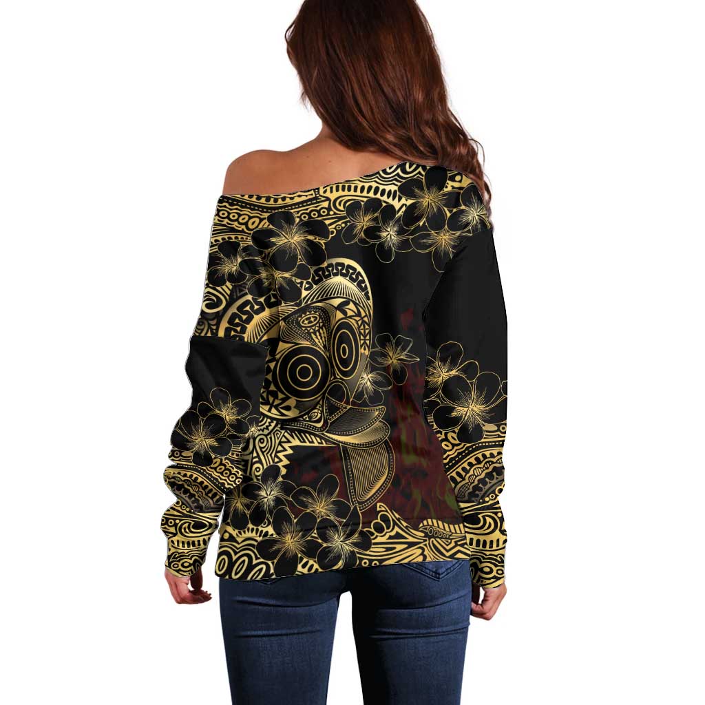 Frangipani Festival Rabaul Off Shoulder Sweater PNG Tribal Baining Mask Tattoo - Polynesian Pride