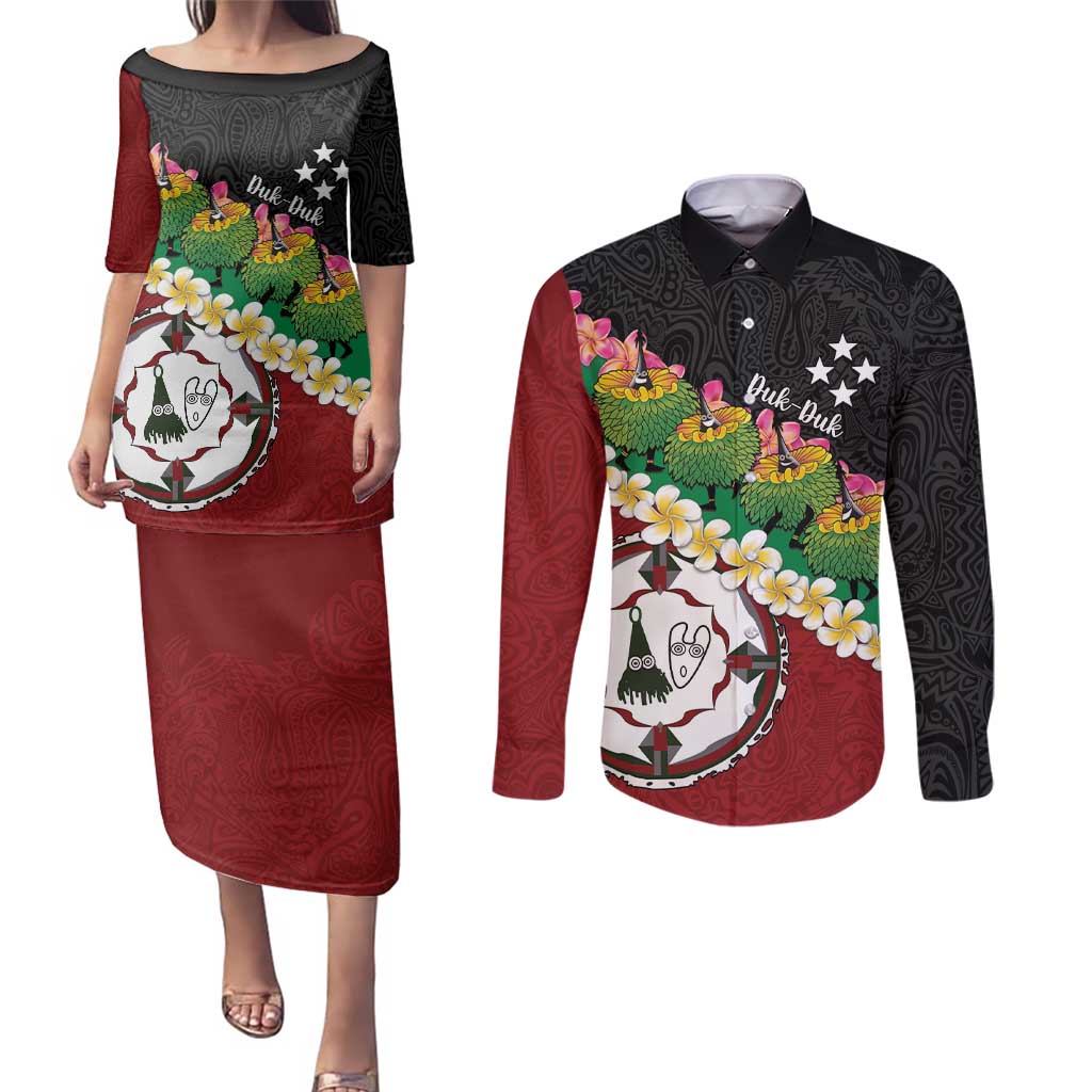 Frangipani Festival Rabaul East New Britain Couples Matching Puletasi and Long Sleeve Button Shirt Dukduk Dance With Plumeria - Polynesian Pride