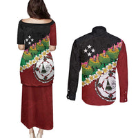 Frangipani Festival Rabaul East New Britain Couples Matching Puletasi and Long Sleeve Button Shirt Dukduk Dance With Plumeria - Polynesian Pride