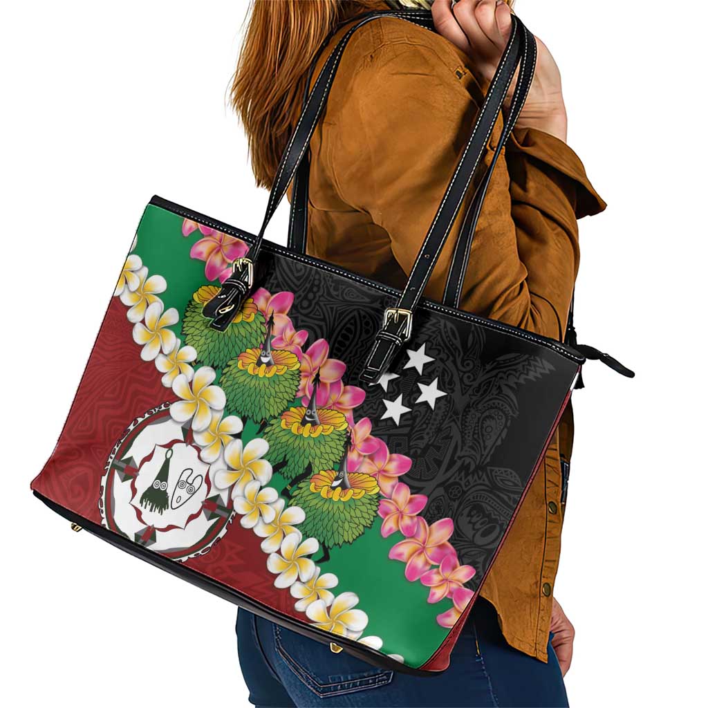 Frangipani Festival Rabaul East New Britain Leather Tote Bag Dukduk Dance With Plumeria - Polynesian Pride