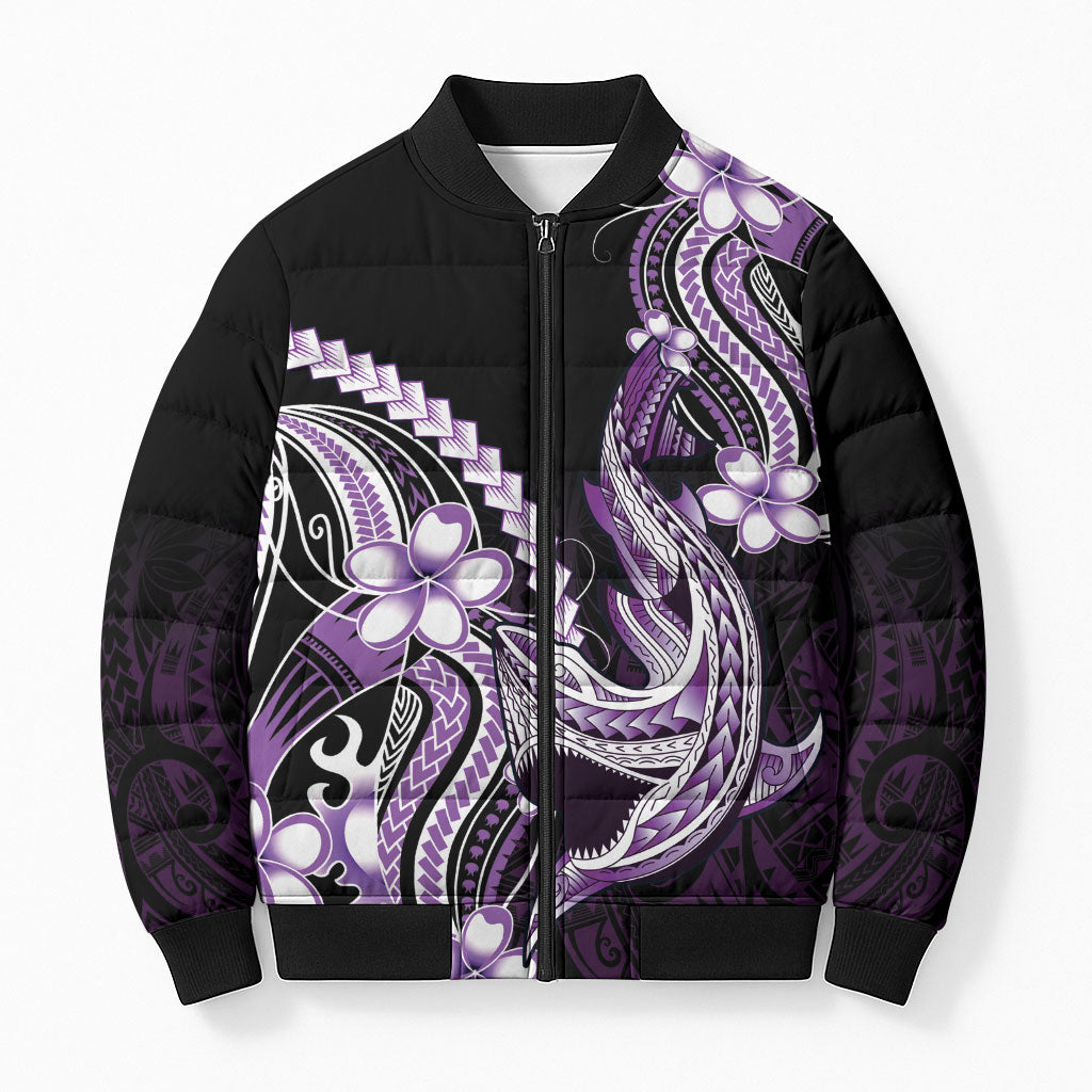 Purple Black Aloha Hawaii Bomber Puffer Jacket Polynesian Shark Tattoo Plumeria LT14 Unisex Purple - Polynesian Pride