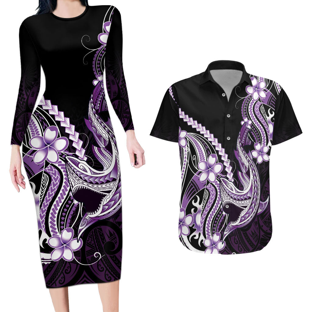 Purple Black Aloha Hawaii Couples Matching Long Sleeve Bodycon Dress and Hawaiian Shirt Polynesian Shark Tattoo Plumeria