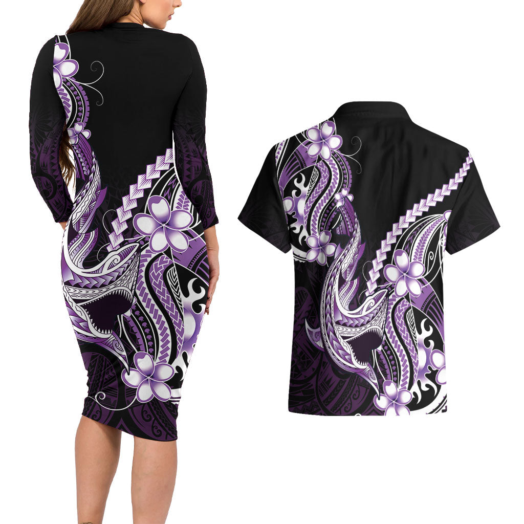 Purple Black Aloha Hawaii Couples Matching Long Sleeve Bodycon Dress and Hawaiian Shirt Polynesian Shark Tattoo Plumeria