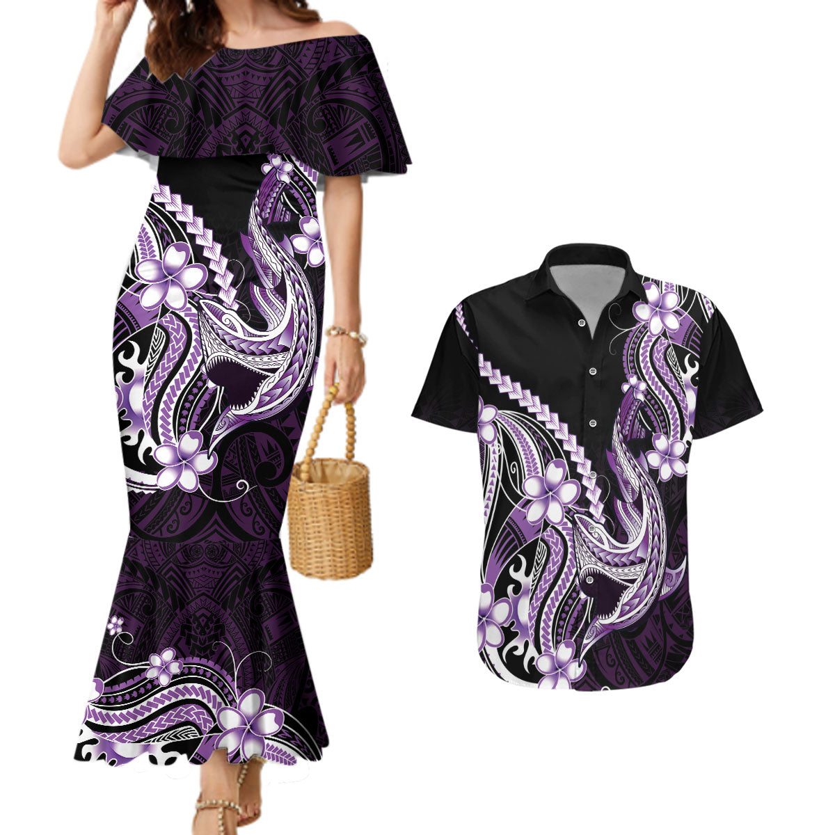 Purple Black Aloha Hawaii Couples Matching Mermaid Dress and Hawaiian Shirt Polynesian Shark Tattoo Plumeria