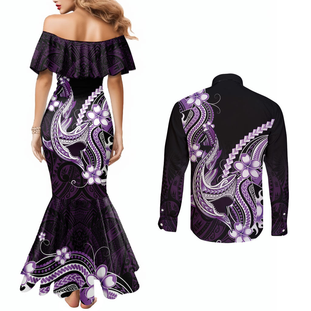Purple Black Aloha Hawaii Couples Matching Mermaid Dress and Long Sleeve Button Shirt Polynesian Shark Tattoo Plumeria