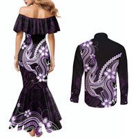Purple Black Aloha Hawaii Couples Matching Mermaid Dress and Long Sleeve Button Shirt Polynesian Shark Tattoo Plumeria
