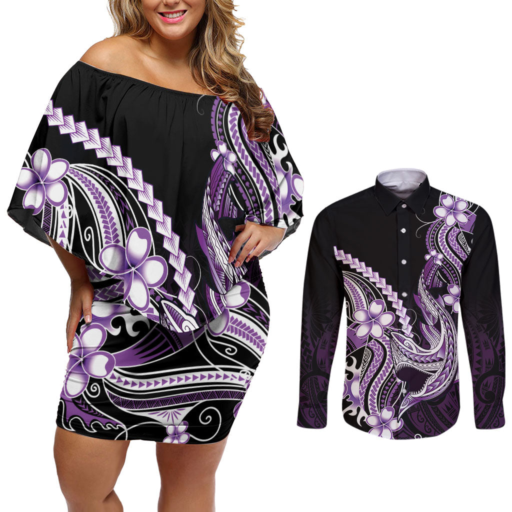 Purple Black Aloha Hawaii Couples Matching Off Shoulder Short Dress and Long Sleeve Button Shirt Polynesian Shark Tattoo Plumeria LT14 Purple - Polynesian Pride
