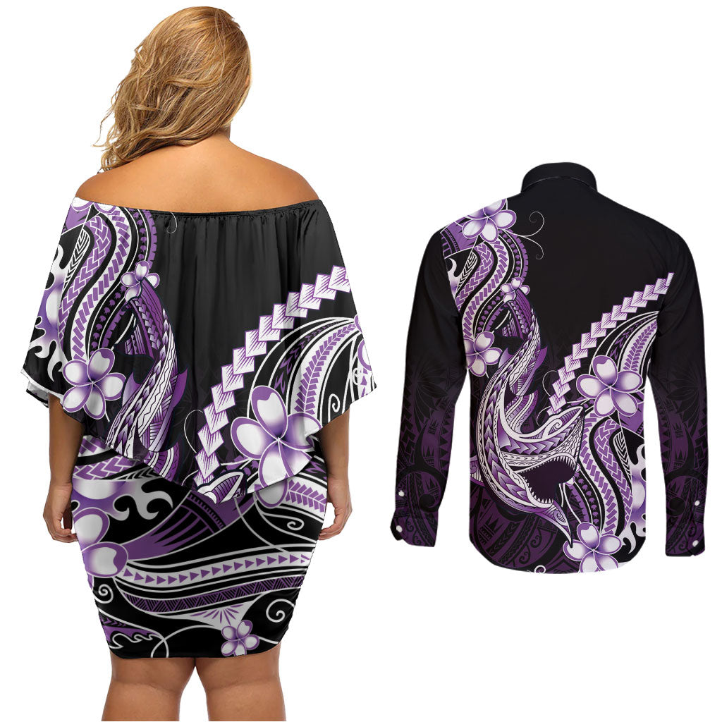 Purple Black Aloha Hawaii Couples Matching Off Shoulder Short Dress and Long Sleeve Button Shirt Polynesian Shark Tattoo Plumeria