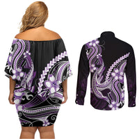 Purple Black Aloha Hawaii Couples Matching Off Shoulder Short Dress and Long Sleeve Button Shirt Polynesian Shark Tattoo Plumeria