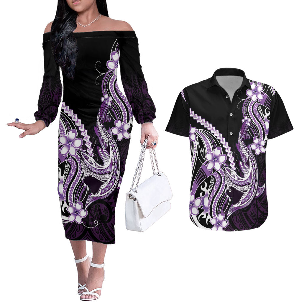 Purple Black Aloha Hawaii Couples Matching Off The Shoulder Long Sleeve Dress and Hawaiian Shirt Polynesian Shark Tattoo Plumeria