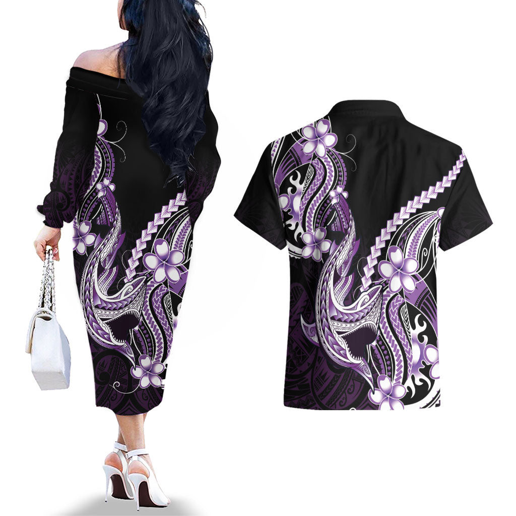 Purple Black Aloha Hawaii Couples Matching Off The Shoulder Long Sleeve Dress and Hawaiian Shirt Polynesian Shark Tattoo Plumeria