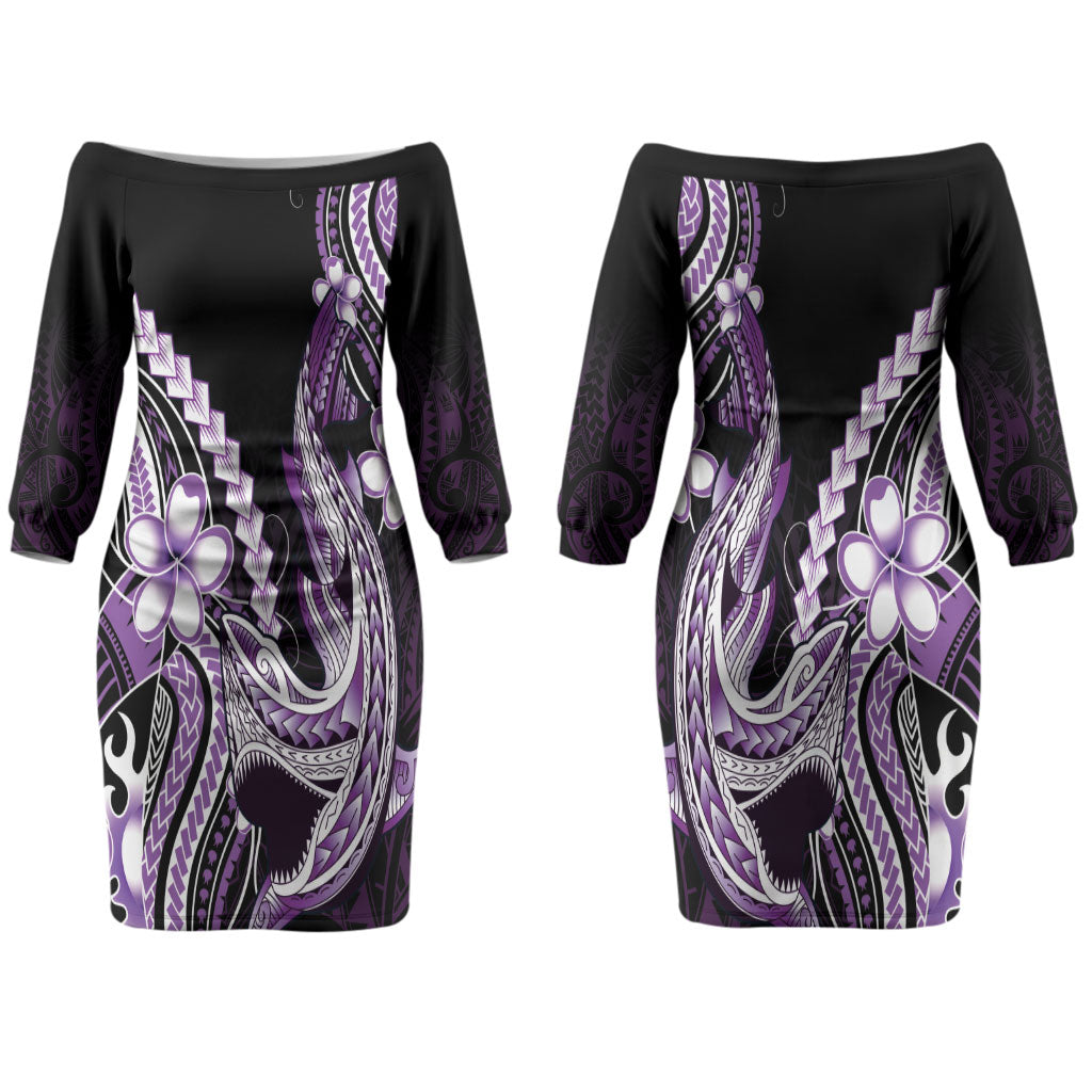 Purple Black Aloha Hawaii Couples Matching Off The Shoulder Long Sleeve Dress and Hawaiian Shirt Polynesian Shark Tattoo Plumeria LT14 - Polynesian Pride