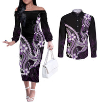 Purple Black Aloha Hawaii Couples Matching Off The Shoulder Long Sleeve Dress and Long Sleeve Button Shirt Polynesian Shark Tattoo Plumeria