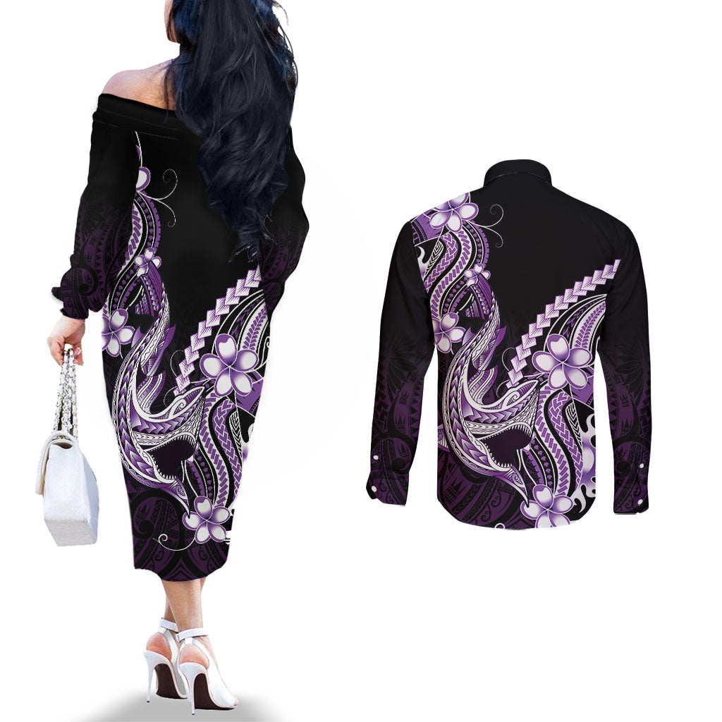 Purple Black Aloha Hawaii Couples Matching Off The Shoulder Long Sleeve Dress and Long Sleeve Button Shirt Polynesian Shark Tattoo Plumeria