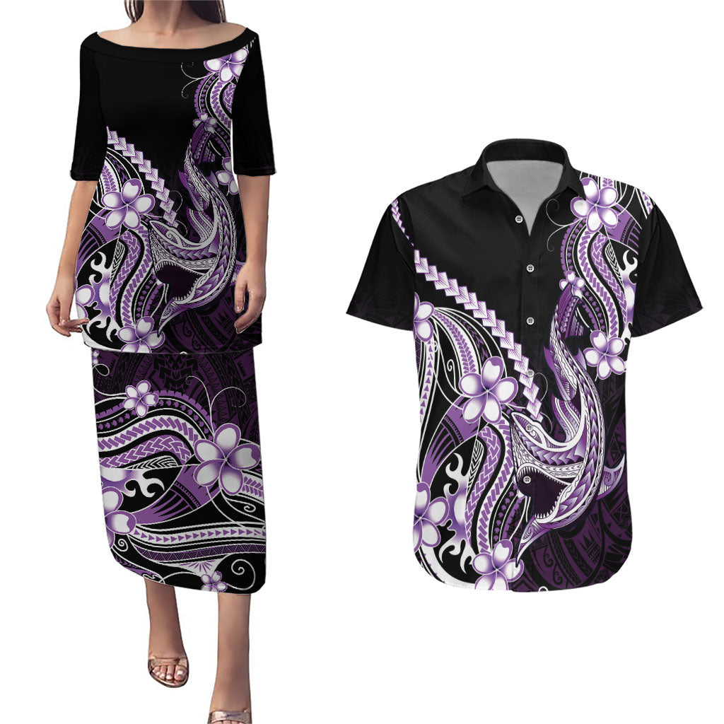Purple Black Aloha Hawaii Couples Matching Puletasi and Hawaiian Shirt Polynesian Shark Tattoo Plumeria LT14 Purple - Polynesian Pride