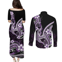 Purple Black Aloha Hawaii Couples Matching Puletasi and Long Sleeve Button Shirt Polynesian Shark Tattoo Plumeria